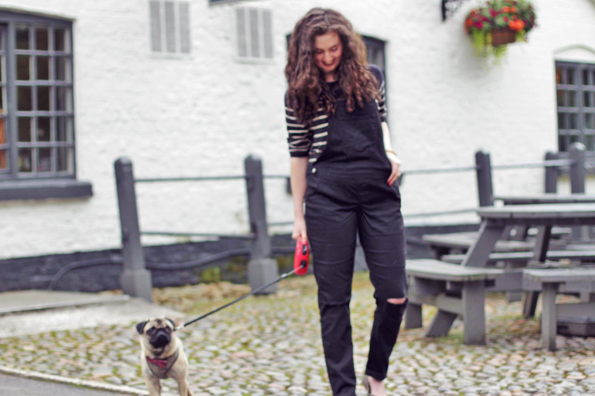 black dungarees with stripy top