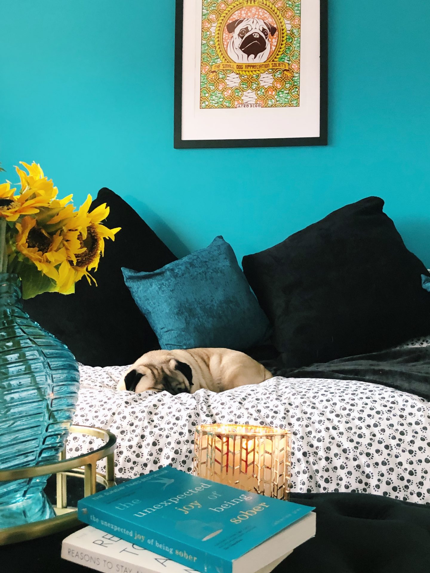Spare Bedroom Makeover with Day bed, teal wall and black and gold accessories