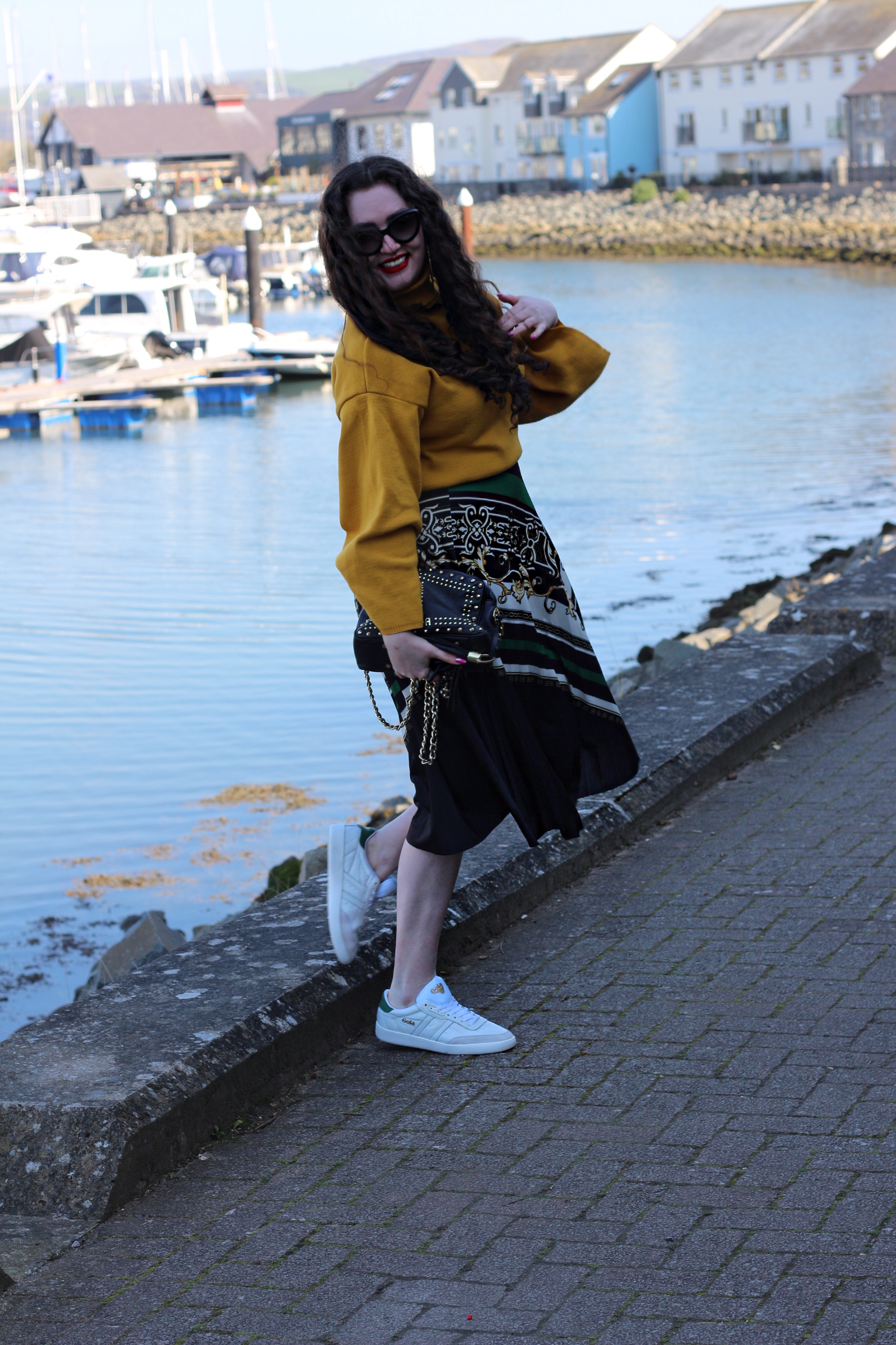 Baroque Print Silk Midi Skirt and White Trainers