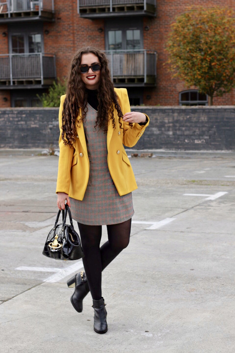 Tweed Pinafore Dress and Yellow Blazer